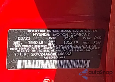 2021 Hyundai Accent Se z USA, uszkodzony, nr VIN 3KPC24A68ME146693